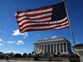An American flag flies near the Lincoln Memorial on December 22, 2018 in Washington, DC.