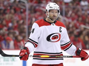 Justin Williams of the Carolina Hurricanes looks on against the Washington Capitals in the first period in Game Five of the Eastern Conference First Round during the 2019 NHL Stanley Cup Playoffs at Capital One Arena on April 20, 2019 in Washington, DC.