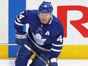 Morgan Rielly #44 of the Toronto Maple Leafs warms up prior to action against the Boston Bruins in an NHL game at Scotiabank Arena on October 19, 2019.