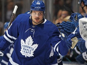 Auston Matthews of the Toronto Maple Leafs celebrates his 30th goal of the season against the Winnipeg Jets during an NHL game at Scotiabank Arena on January 8, 2020 in Toronto, Ontario, Canada.