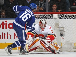 David Rittich of the Calgary Flames makes the game-winning shootout stop against Mitch Marner of the Toronto Maple Leafs during an NHL game at Scotiabank Arena on January 16, 2020 in Toronto, Ontario, Canada. The Flames defeated the Maple Leafsd 2-1 in a shoot-out. (Claus Andersen/Getty Images)