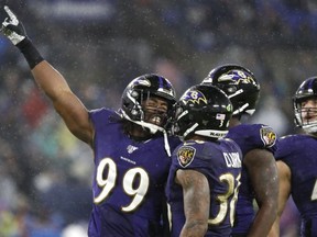 Outside linebacker Matt Judon of the Baltimore Ravens celebrates a tackle against the Pittsburgh Steelers during the fourth quarter at M&T Bank Stadium on December 29, 2019 in Baltimore, Maryland.