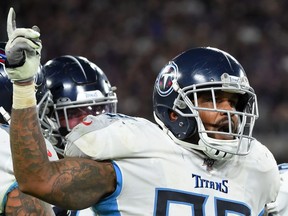 Jurrell Casey of the Tennessee Titans celebrates after a fumble by the Baltimore Ravens during the AFC Divisional Playoff game at M&T Bank Stadium on January 11, 2020 in Baltimore, Maryland.