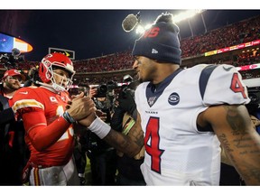 Will Fuller V of the Houston Texans and Deshaun Watson of the Houston Texans shake hands following the AFC Divisional playoff game at Arrowhead Stadium on January 12, 2020 in Kansas City, Missouri.