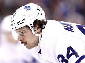 Auston Matthews of the Toronto Maple Leafs looks on prior to a face-off against the Florida Panthers during the first period at BB&T Center on January 12, 2020 in Sunrise, Florida.