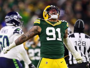 Green Bay Packers Preston Smith celebrates after sacking Russell Wilson of the Seattle Seahawks (not pictured) during the fourth quarter in the NFC Divisional Playoff game at Lambeau Field on Jan. 12, 2020 in Green Bay, Wis. (Gregory Shamus/Getty Images)