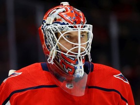 Goalie Ilya Samsonov of the Washington Capitals looks on in the first period against the Carolina Hurricanes at Capital One Arena on January 13, 2020 in Washington, DC.