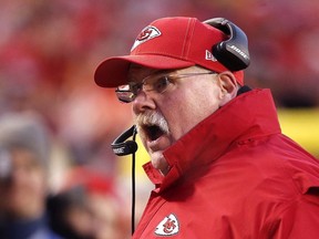 Head coach Andy Reid of the Kansas City Chiefs reacts late in the second half against the Tennessee Titans in the AFC Championship Game at Arrowhead Stadium on January 19, 2020 in Kansas City, Missouri.
