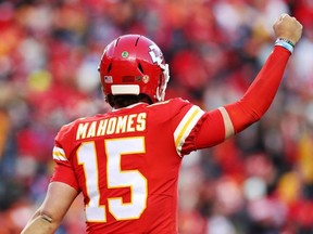 Patrick Mahomes of the Kansas City Chiefs reacts after a play in the second half against the Tennessee Titans in the AFC Championship Game at Arrowhead Stadium on January 19, 2020 in Kansas City, Missouri.