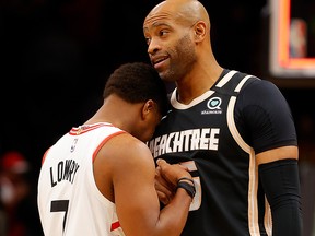 Vince Carter of the Atlanta Hawks (right) and the Raptors’ Kyle Lowry could both be playing in the all-star game next month in Chicago.  Getty Images