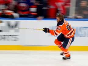 Connor McDavid of the Edmonton Oilers competes in the Bridgestone NHL Fastest Skater during the 2020 NHL All-Star Skills Competition at Enterprise Center on January 24, 2020 in St Louis, Missouri.