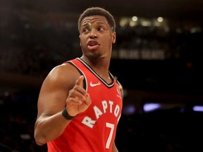 Kyle Lowry of the Toronto Raptors reacts to a foul called against one of his teammates in the fourth quarter against the New York Knicks at Madison Square Garden on January 24, 2020 in New York City.