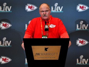Head Coach Andy Reid of the Kansas City Chiefs speaks to the media during the Kansas City Chiefs media availability prior to Super Bowl LIV at the JW Marriott Turnberry on January 28, 2020 in Aventura, Florida.