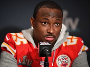 LeSean McCoy of the Kansas City Chiefs speaks to the media during the Kansas City Chiefs media availability prior to Super Bowl LIV at the JW Marriott Turnberry on January 29, 2020 in Aventura, Florida.