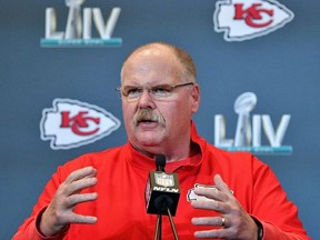 Head Coach Andy Reid of the Kansas City Chiefs  speaks to the media during the Kansas City Chiefs media availability prior to Super Bowl LIV at the JW Marriott Turnberry on January 30, 2020 in Aventura, Florida.