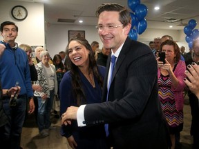 Pierre Poilievre with his wife Anaida after winning his seat in the Carleton riding in Ottawa on Oct. 21, 2019