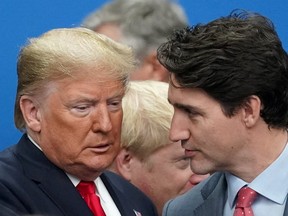 U.S. President Donald Trump talks with Canadian Prime Minister Justin Trudeau during a North Atlantic Treaty Organization Plenary Session at the NATO summit in Watford, Britain, on Dec. 4, 2019. (Reuters)