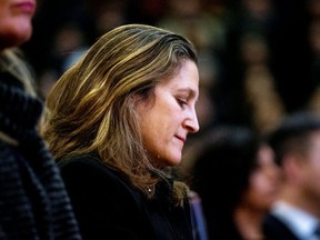 Deputy Prime Minister  Chrystia Freeland, attends a memorial for the victims of a Ukrainian passenger plane which was shot down in Iran, at Convocation Hall in Toronto, on Jan. 12, 2020. (Reuters)