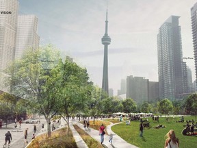 Imagery of what the city's proposed Rail Deck Park may look like.