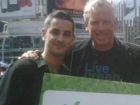 In this 2009 Twitter photo, Daniel Katsnelson, who has changed his last name to Kaye, poses with then-mayor David Miller at Yonge-Dundas Square to promote an environmental initiative.