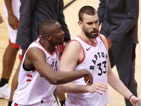 While Raptors' Marc Gasol (right) is out with a hamstring injury, Serge Ibaka should step into a bigger role. (GETTY IMAGES)