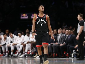 Toronto Raptors guard Kyle Lowry (7) reacts in the fourth quarter against the Brooklyn Nets at Barclays Center. Nicole Sweet-USA TODAY Sports