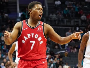 Toronto Raptors guard Kyle Lowry (7) reacts to a call on him during the second half against the Charlotte Hornets at the Spectrum Center. Jim Dedmon-USA TODAY Sports