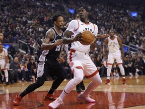 San Antonio Spurs guard DeMar DeRozan (10) defends against Toronto Raptors forward Pascal Siakam (43) during the first half at Scotiabank Arena. John E. Sokolowski-USA TODAY Sports