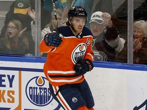Edmonton Oilers captain Connor McDavid celebrates his goal during second period NHL hockey game action against the Arizona Coyotes in Edmonton on Saturday January 18, 2020.