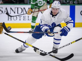 Maple Leafs winger Zach Hyman chases the puck during the third period against the Dallas Stars at the American Airlines Center. Jerome Miron-USA TODAY Sports