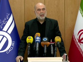 An image grab from footage obtained from the state-run Iran Press news agency on January 10, 2020 shows Iran's civil aviation chief Ali Abedzadeh delivering a press statement in Tehran. (Photo by -/IRAN PRESS/AFP via Getty Images)