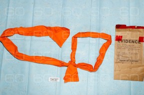 An image from 60 Minutes on the torn piece of prison linen Jeffrey Epstein allegedly used to hang himself.