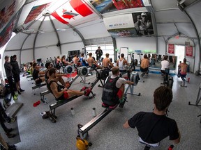 Canadian rowers working out indoors at the Canadian Sport Institute Pacific in Victoria.