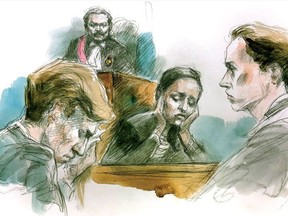 Kalen Schlatter (left) wipes tears as he listens to Rachel Richey, sister of victim, Tess Richey. (Pat Davies sketch)