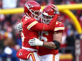 Patrick Mahomes of the Kansas City Chiefs reacts after a touchdown in the fourth quarter against the Tennessee Titans in the AFC Championship Game at Arrowhead Stadium on Jan. 19, 2020 in Kansas City, Mo.