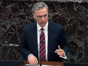 In this screengrab taken from a U.S. Senate Television webcast, White House counsel Pat Cipollone speaks during impeachment proceedings against U.S. President Donald Trump in the Senate at the U.S. Capitol on Jan. 25, 2020 in Washington, D.C.