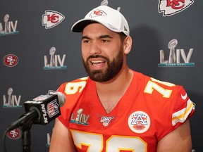 Kansas City Chiefs offensive guard Laurent Duvernay-Tardif talks during a press conference for Super Bowl LIV at JW Marriott Turnberry in Miami. (Kirby Lee-USA TODAY Sports)