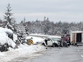 An image shared by OPP on Twitter of a car involved in a crash on Hwy. 17 near Sudbury on Jan. 1, 2020. Three children were killed.