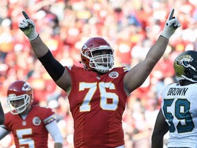 Kansas City Chiefs offensive lineman Laurent Duvernay-Tardif celebrates after a field goal by kicker Cairo Santos, during the second half of an NFL football game against the Jacksonville Jaguars in Kansas City, Mo., on November 6, 2016.