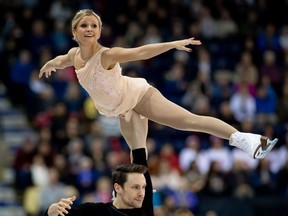 Kirsten Moore-Towers and Michael Marinaro (CAN) perform in the pairs free skating during the Skate Canada International figure skating competition at Prospera Place.