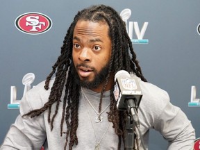 San Francisco 49ers cornerback Richard Sherman at Super Bowl LIV press conference at Hyatt Regency Miami/James L. Knight Center.