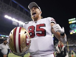 San Francisco 49ers tight end George Kittle celebrates after the game against the Seattle Seahawks at CenturyLink Field.