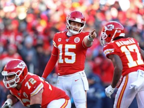 Kansas City Chiefs quarterback Patrick Mahomes reacts against the Tennessee Titans in the AFC Championship Game at Arrowhead Stadium.