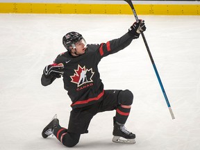 Canada's Nolan Foote celebrates after scoring Canada's the second goal of the game against the Czech Republic during first period action at the World Junior Hockey Championships on Tuesday, Dec. 31, 2019 in Ostrava, Czech Republic.