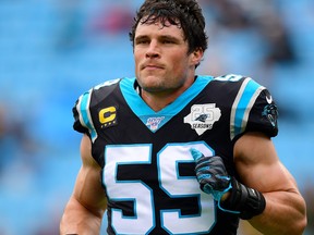 Luke Kuechly of the Carolina Panthers before their game against the New Orleans Saints at Bank of America Stadium on Dec. 29, 2019 in Charlotte, N.C. (Jacob Kupferman/Getty Images)