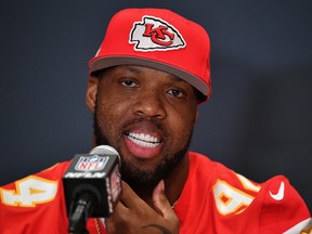 Terrell Suggs of the Kansas City Chiefs speaks to the media during the Kansas City Chiefs media availability prior to Super Bowl LIV at the JW Marriott Turnberry on January 30, 2020 in Aventura, Florida.