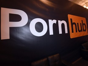 A Pornhub logo is displayed at the company's booth at the 2018 AVN Adult Entertainment Expo at the Hard Rock Hotel & Casino on January 24, 2018 in Las Vegas, Nevada.  (Ethan Miller/Getty Images)