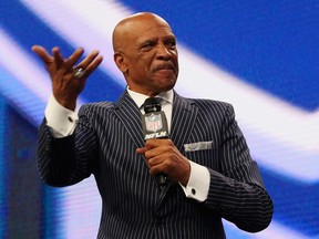 Former NFL wide receiver Drew Pearson speaks during the first round of the 2018 NFL Draft at AT&T Stadium on April 26, 2018 in Arlington, Texas.