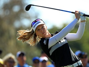 Canadian Brooke Henderson tees off on the sixth hole during the third round of the Gainbridge LPGA at Boca Rio on Saturday in Boca Raton, Fla. (Mike Ehrmann/Getty Images)