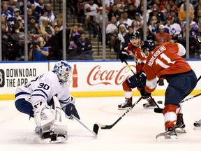 Florida Panthers left wing Jonathan Huberdeau shoots and scores as Toronto Maple Leafs goaltender Michael Hutchinson defends during the second period at BB&T Center.